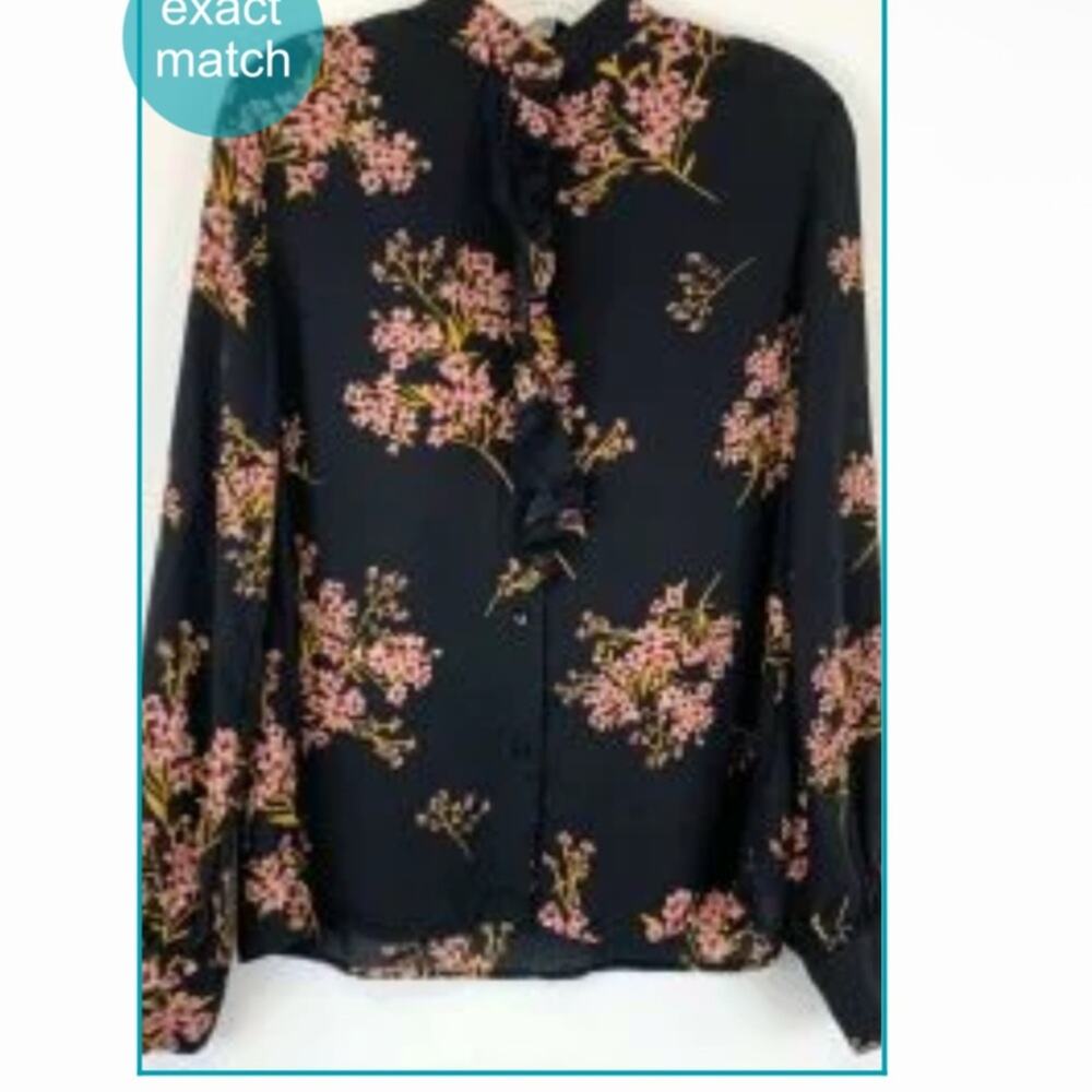 Who what wear black and pink floral button down shirt with ruffles